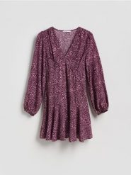 Wzorzysta sukienka z wiskozy - bordowy. Czerwone sukienki damskie Reserved, l, bez wzorów, z wiskozy, bez kołnierzyka, bez ramiączek. Za 129.99 zł.