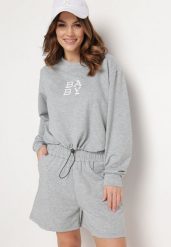 Szary 2-Częściowy Komplet Dresowy Bluza z Nadrukiem i Luźne Szorty z Kieszeniami Ridana. Szare bluzy bez kaptura damskie Born2be, m, z dresówki. Za 49.99 zł.