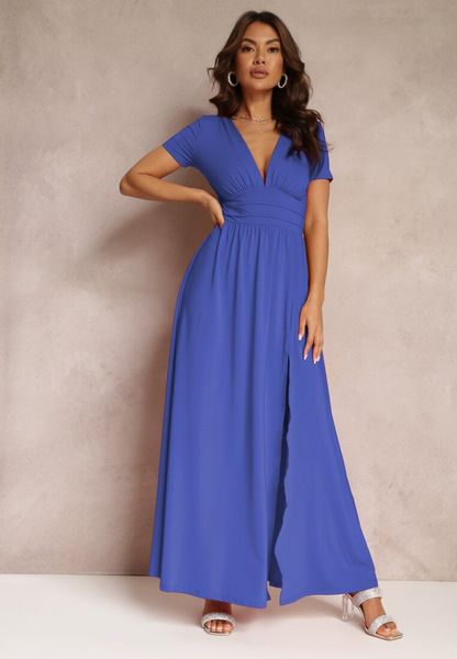 Granatowa Sukienka Maxi z Rozkloszowanym Dołem i Rozcięciem Zarya. Niebieskie sukienki damskie Renee, m, bez wzorów, bez kołnierzyka, bez ramiączek, maxi, rozkloszowane. Za 159.99 zł.