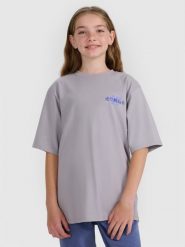 4F T-shirt oversize z nadrukiem dziewczęcy - szary 122 (6-7 lat). Szare koszulki dziewczęce 4f, bez wzorów, ze skóry, bez ramiączek. W wyprzedaży za 39.99 zł.