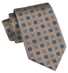 Klasyczny, Szeroki Krawat Męski CHATTIER - Beżowy, Niebieskie Grochy. Brązowe krawaty i muchy męskie Chattier, bez wzorów, z tkaniny, eleganckie. Za 49.00 zł.