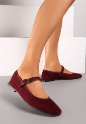 Bordowe Balerinki w Stylu Mary Jane z Kwadratowym Noskiem i Klamerką Nairelle. Czerwone baleriny damskie Born2be, bez wzorów, z jeansu, bez obcasa. Za 54.99 zł.