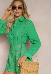 Zielona Koszula z Haftowanej Tkaniny w Stylu Boho Perphone. Zielone koszule damskie Renee, na lato, l, bez wzorów, z bawełny, boho, bez kołnierzyka, bez ramiączek. Za 54.99 zł.
