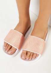 Pomarańczowe Klapki z Szerokim Paskiem i Cyrkoniami Olitia. Brązowe klapki damskie Born2be, bez wzorów, bez obcasa, na płaskiej podeszwie. Za 49.99 zł.