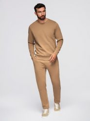 Komplet dresowy męski set bluza z okrągłym dekoltem + spodnie regular fit - camel V2 - Rozmiar: XXL. Brązowe bluzy bez kaptura męskie Ombre Clothing, m, z bawełny. Za 299.99 zł.