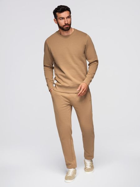 Komplet dresowy męski set bluza z okrągłym dekoltem + spodnie regular fit - camel V2 - Rozmiar: S. Brązowe bluzy bez kaptura męskie Ombre Clothing, m, z bawełny. Za 299.99 zł.