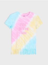 Koszulka tie dye z ozdobnymi frędzlami - wielobarwny. Koszulki dziewczęce Sinsay, l, bez wzorów, bez ramiączek. Za 15.99 zł.