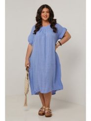 Curvy Lady Lniana sukienka w kolorze błękitnym rozmiar: 48/50. Niebieskie sukienki damskie Curvy Lady, na co dzień, bez wzorów, ze lnu, klasyczne, bez kołnierzyka, bez ramiączek, midi, proste. Za 189.29 zł.