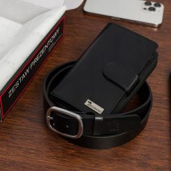 Zestaw prezentowy damski skórzany pasek portfel pudełko premium Beltimore Z45. Czarne portfele damskie bez wzorów. Za 100.99 zł.