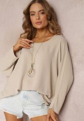 Beżowa Bluzka o Fasonie Nietoperza z Naszyjnikiem Kenola. Brązowe bluzki damskie Renee, bez wzorów, eleganckie, bez kołnierzyka, bez ramiączek. Za 49.99 zł.