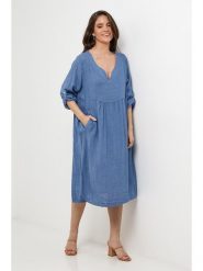 Le Monde du Lin Lniana sukienka w kolorze niebieskim rozmiar: 38/40. Niebieskie sukienki damskie Le Monde du Lin, bez wzorów, ze lnu, bez kołnierzyka, bez ramiączek, midi. Za 173.99 zł.