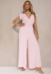 Różowy Kopertowy Kombinezon Wide Leg Zdobiony Plisami i Paskiem z Klamrą Salirella. Czerwone kombinezony damskie Renee, l, z aplikacjami, eleganckie, bez kołnierzyka, bez ramiączek. Za 84.99 zł.