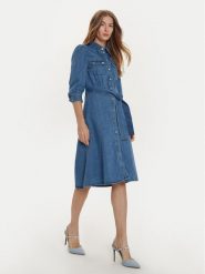 Morgan Sukienka jeansowa 242-RCHICA Niebieski Regular Fit. Niebieskie sukienki damskie Morgan, bez wzorów, z bawełny, bez kołnierzyka, bez ramiączek. Za 459.99 zł.