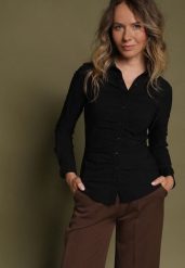 Czarna Koszula z Bawełną Ozdobiona Marszczeniem Anixe. Czarne koszule damskie Born2be, uniwersalny, bez wzorów, z bawełny, biznesowe, bez kołnierzyka, bez ramiączek. Za 69.99 zł.