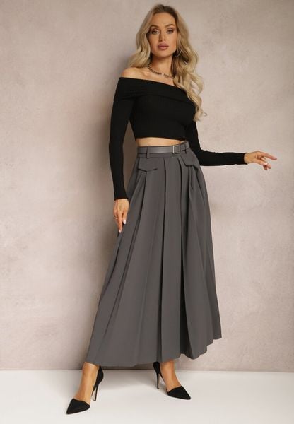 Ciemnoszara Plisowana Spódnica o Rozkloszowanym Fasonie z Paskiem Madranima. Szare spódniczki damskie Renee, s, bez wzorów, biznesowe, maxi, rozkloszowane. Za 149.99 zł.