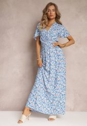 Niebieska Rozkloszowana Sukienka z Wiskozy i Modnym Nadrukiem Vildei. Niebieskie sukienki damskie Renee, l, bez wzorów, z wiskozy, bez kołnierzyka, bez ramiączek, maxi, kopertowe. W wyprzedaży za 63.99 zł.