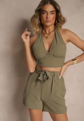 Ciemnozielone Luźne Szorty Bermudy High Waist z Gumką i Materiałowym Paskiem w Talii Renetta. Zielone szorty damskie Renee, z aplikacjami, z bawełny, eleganckie, z podwyższonym stanem. Za 39.99 zł.