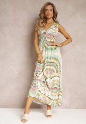 Zielona Sukienka z Wiskozy ze Wzorem Tie Dye z Gumką w Talii Brisea. Zielone sukienki damskie Renee, na lato, l, bez wzorów, z wiskozy, bez kołnierzyka, bez ramiączek, maxi, kopertowe. W wyprzedaży za 43.99 zł.