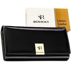 Duży, skórzany portfel damski w czarnym kolorze zamykany na zatrzask - Rovicky. Czarne portfele damskie ROVICKY, bez wzorów, ze skóry. Za 99.99 zł.