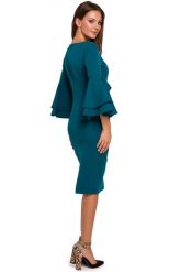 Sukienka na wesele elegancka midi z bufiastymi rękawami morski. Zielone sukienki damskie Makover, na wesele, l, bez wzorów, eleganckie, bez kołnierzyka, bez ramiączek, midi, dopasowane. Za 289.00 zł.