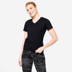 Koszulka z krótkim rękawem damska Domyos Gym & Pilates. Brązowe bluzki damskie NYAMBA, m, bez wzorów, z bawełny, bez ramiączek. Za 39.99 zł.