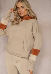 Beżowa Bawełniana Bluza z Kapturem i Wstawkami z Polaru Qilin. Brązowe bluzy z kapturem damskie Renee, z bawełny. Za 84.99 zł.