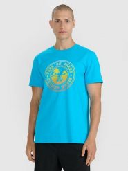 4F T-shirt regular z nadrukiem męski - niebieski M. Niebieskie t-shirty męskie 4f, m, bez wzorów, z bawełny, bez kołnierzyka. Za 69.99 zł.