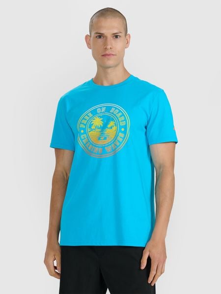 4F T-shirt regular z nadrukiem męski - niebieski M. Niebieskie t-shirty męskie 4f, m, bez wzorów, z bawełny, bez kołnierzyka. Za 69.99 zł.