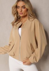 Beżowa Bluza Typu Bomberka z Suwakiem i Kieszeniami na Klapki Pleoria. Brązowe bluzy bez kaptura damskie Renee, plus size. Za 74.99 zł.