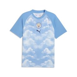 Męska koszulka rozgrzewkowa Manchester City PUMA. Niebieskie t-shirty sportowe męskie Puma, m, z dzianiny, bez ramiączek, do piłki nożnej. Za 279.00 zł.