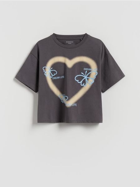Luźny t-shirt z nadrukiem - ciemnoszary. Szare koszulki dziewczęce Reserved, bez wzorów, z bawełny, bez ramiączek. Za 25.99 zł.