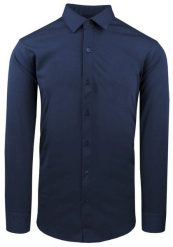 Elegancka Koszula z Dzianinowej Tkaniny - Prosty Krój - Ciemnoniebieska. Niebieskie koszule męskie Pazzani, bez wzorów, z bawełny, bez kołnierzyka, bez ramiączek. Za 199.00 zł.