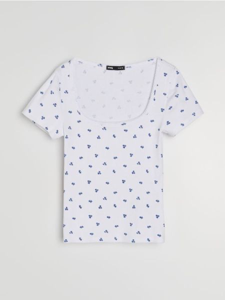 Prążkowana koszulka z krótkim rękawem - wielobarwny. T-shirty damskie Sinsay, l, bez wzorów, prążkowane, bez kołnierzyka. Za 19.99 zł.