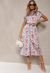 Niebiesko-Różowa Rozkloszowana Sukienka Boho z Wiskozą o Koszulowym Kroju Ozdobiona Paskiem Josofia. Niebieskie sukienki damskie Renee, na lato, l, bez wzorów, z materiału, boho, bez kołnierzyka, bez ramiączek, midi, koszulowe. W wyprzedaży za 90.99 zł.
