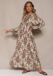 Brązowa Rozkloszowana Sukienka z Wiskozy z Dekoltem w Kształcie Litery V Atenavela. Brązowe sukienki damskie Renee, na co dzień, l, bez wzorów, z wiskozy, eleganckie, bez kołnierzyka, bez ramiączek, maxi, rozkloszowane. Za 129.99 zł.