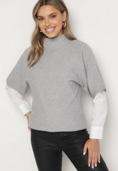 Szara Bluzka z Półgolfem z Wiskozą i Bawełną o Kroju Nietoperza z Krótkim Rękawem Cialisse. Szare bluzki damskie Born2be, plus size, bez wzorów, z bawełny, biznesowe, bez kołnierzyka, plus size, bez ramiączek. Za 59.99 zł.