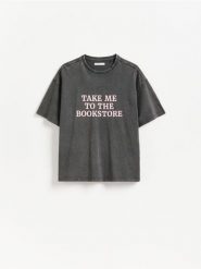 Bawełniany t-shirt z napisem - ciemnoszary. Szare t-shirty damskie Reserved, l, bez wzorów, z bawełny, bez kołnierzyka. Za 59.99 zł.