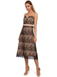 Made of emotion Sukienka w kolorze beżowo-czarnym rozmiar: XXL. Brązowe sukienki damskie Made Of Emotion, xxl, bez wzorów, z koronki, bez kołnierzyka, bez ramiączek, midi, rozkloszowane. Za 83.81 zł.