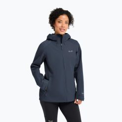 Kurtka przeciwdeszczowa damska Jack Wolfskin Wildbound 2L. Niebieskie kurtki przeciwdeszczowe damskie Jack Wolfskin, l, bez kaptura. Za 569.99 zł.