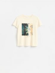 T-shirt z nadrukiem - kremowy. Białe t-shirty damskie Reserved, l, bez wzorów, z bawełny, bez kołnierzyka. Za 45.99 zł.