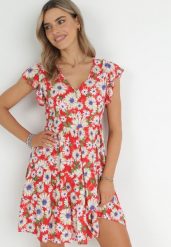 Czerwona Sukienka Mini z Wiskozy z Gumką w Pasie i Falbankami Nidi. Czerwone sukienki damskie Born2be, na imprezę, m, bez wzorów, z wiskozy, bez kołnierzyka, bez ramiączek, mini. W wyprzedaży za 71.99 zł.