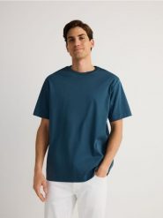 T-shirt regular z merceryzowanej bawełny - granatowy. Niebieskie t-shirty męskie Reserved, l, bez wzorów, z bawełny, bez kołnierzyka. W wyprzedaży za 79.99 zł.