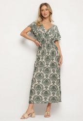 Zielona Sukienka w Etno Wzór z Falbankami i Gumką w Pasie Ellivira. Zielone sukienki damskie Born2be, na co dzień, l, bez wzorów, eleganckie, bez kołnierzyka, bez ramiączek, maxi, kopertowe. W wyprzedaży za 55.99 zł.
