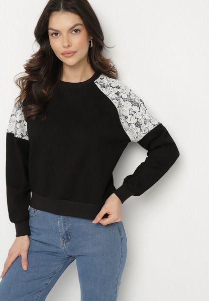 Czarna Bluza z Bawełną Ozdobiona Koronką Elanorea. Czarne bluzy bez kaptura damskie Born2be, l, z bawełny. Za 64.99 zł.