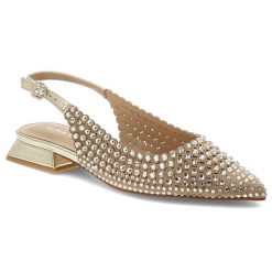 Czółenka damskie Alma En Pena, z odkrytą piętą ozdobione efektownymi kryształkami na stabilnym niskim obcasie z regulowanym paskiem wokół kostki, zło. Żółte czółenka damskie Alma En Pena, bez wzorów, bez obcasa. Za 579.00 zł.