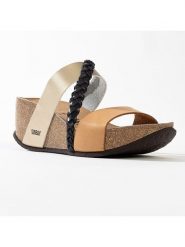 Sunbay Klapki "Palta" w kolorze beżowo-czarnym na koturnie rozmiar: 37. Brązowe klapki damskie Sunbay, bez wzorów, z materiału, bez obcasa, na koturnie. Za 164.95 zł.