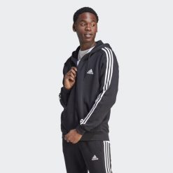 Bluza z kapturem Essentials Fleece 3-Stripes Full-Zip. Szare bluzy sportowe męskie Adidas, bez wzorów, z materiału, sportowe, bez kołnierzyka, bez ramiączek. Za 237.00 zł.