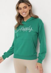 Zielona Bluza z Kapturem Napisem i Kangurkową Kieszenią Adrippa. Zielone bluzy z kapturem damskie Born2be, l. Za 79.99 zł.