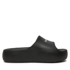 Klapki Tommy Jeans. Czarne klapki damskie Tommy Jeans, bez wzorów, z jeansu, bez obcasa. Za 169.99 zł.