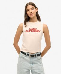Luksusowy, dopasowany top sportowy z grafiką. Czerwone topy sportowe damskie Superdry., xs, bez wzorów, z bawełny, bez ramiączek. Za 129.25 zł.
